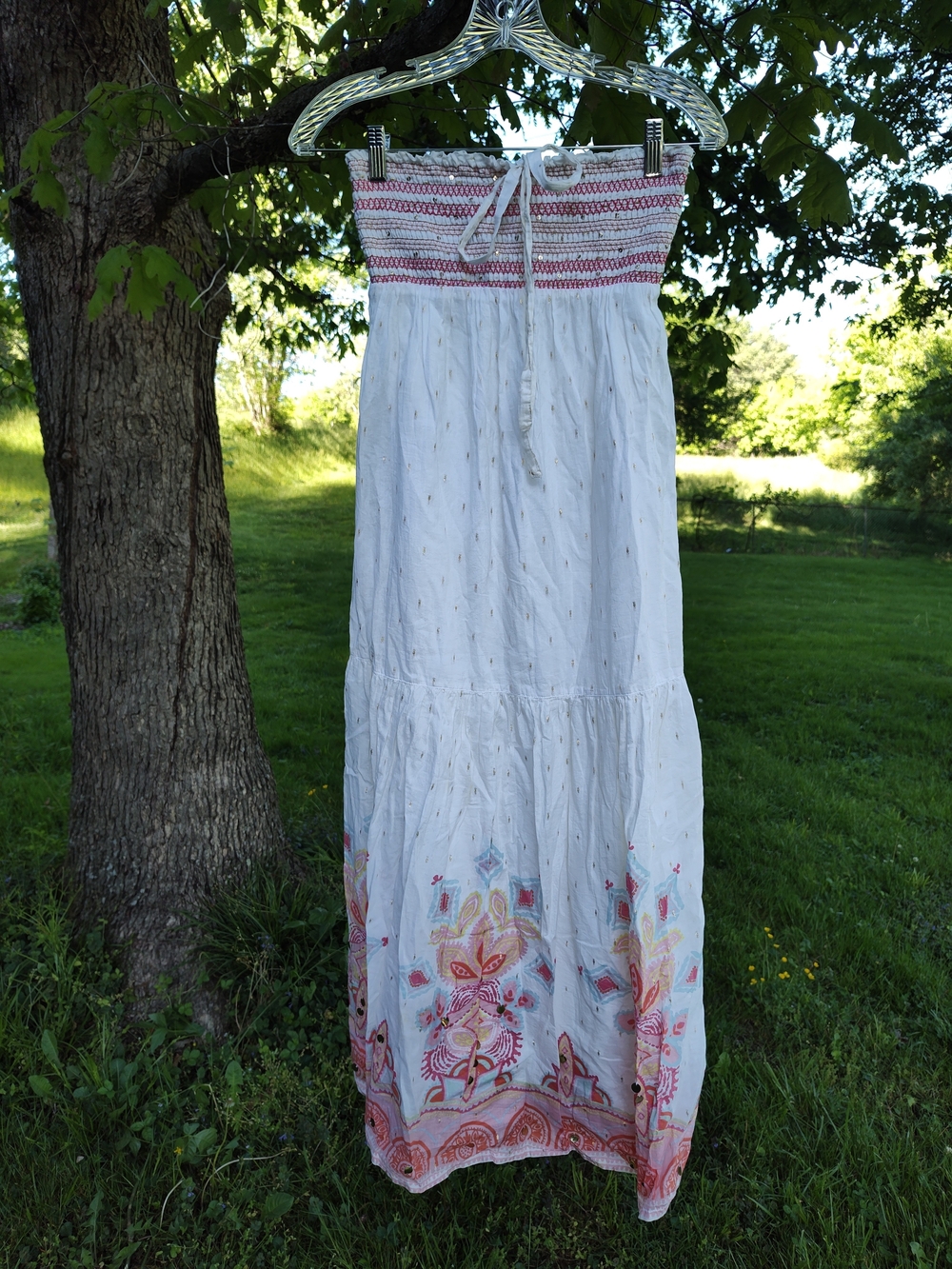 Justice White Strapless Maxi Dress with Pink and Gold Embroidery